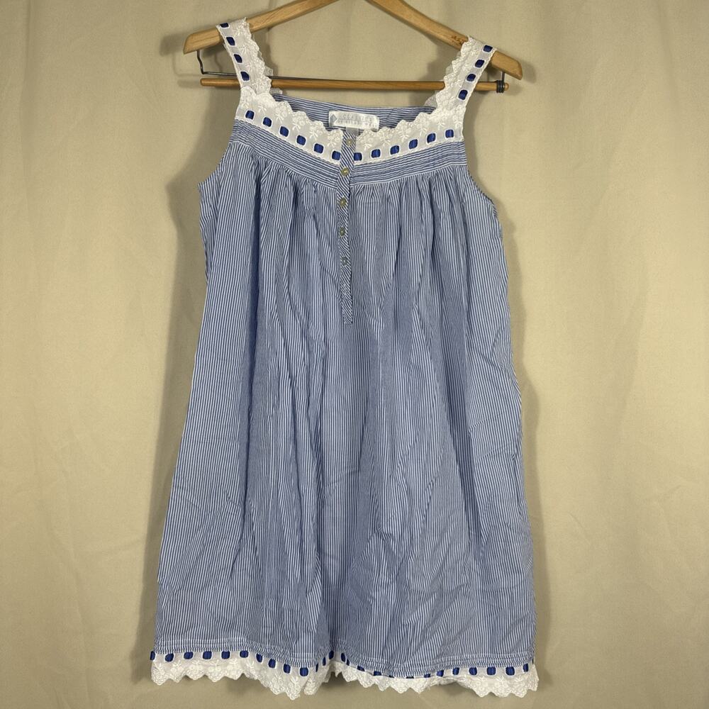 Classics by Eileen West M pinstripe blue white nightgown 100% cotton country